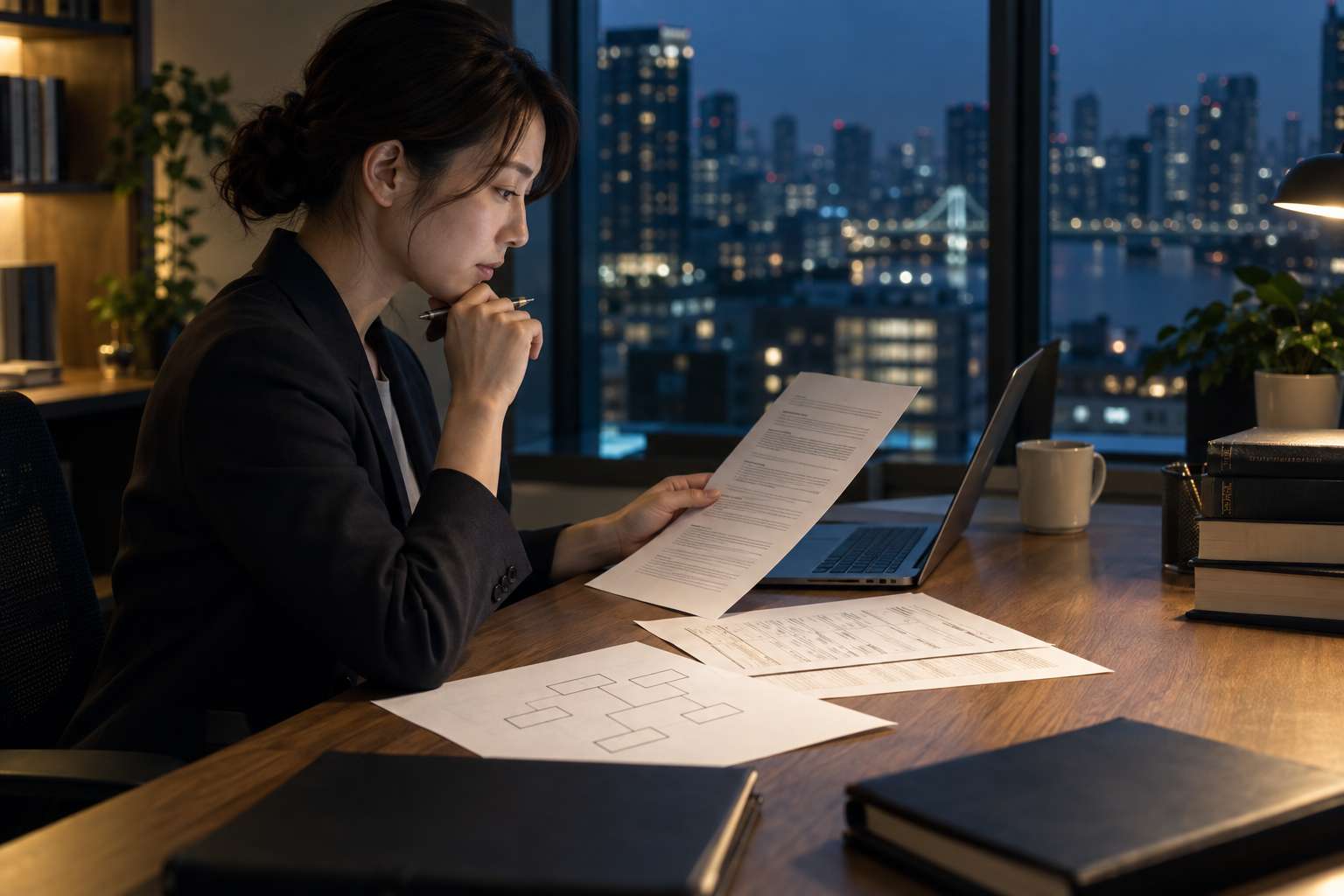 夜の都市を望む仕事机で、担当者が契約書と会社関係図を照らし合わせるイメージ