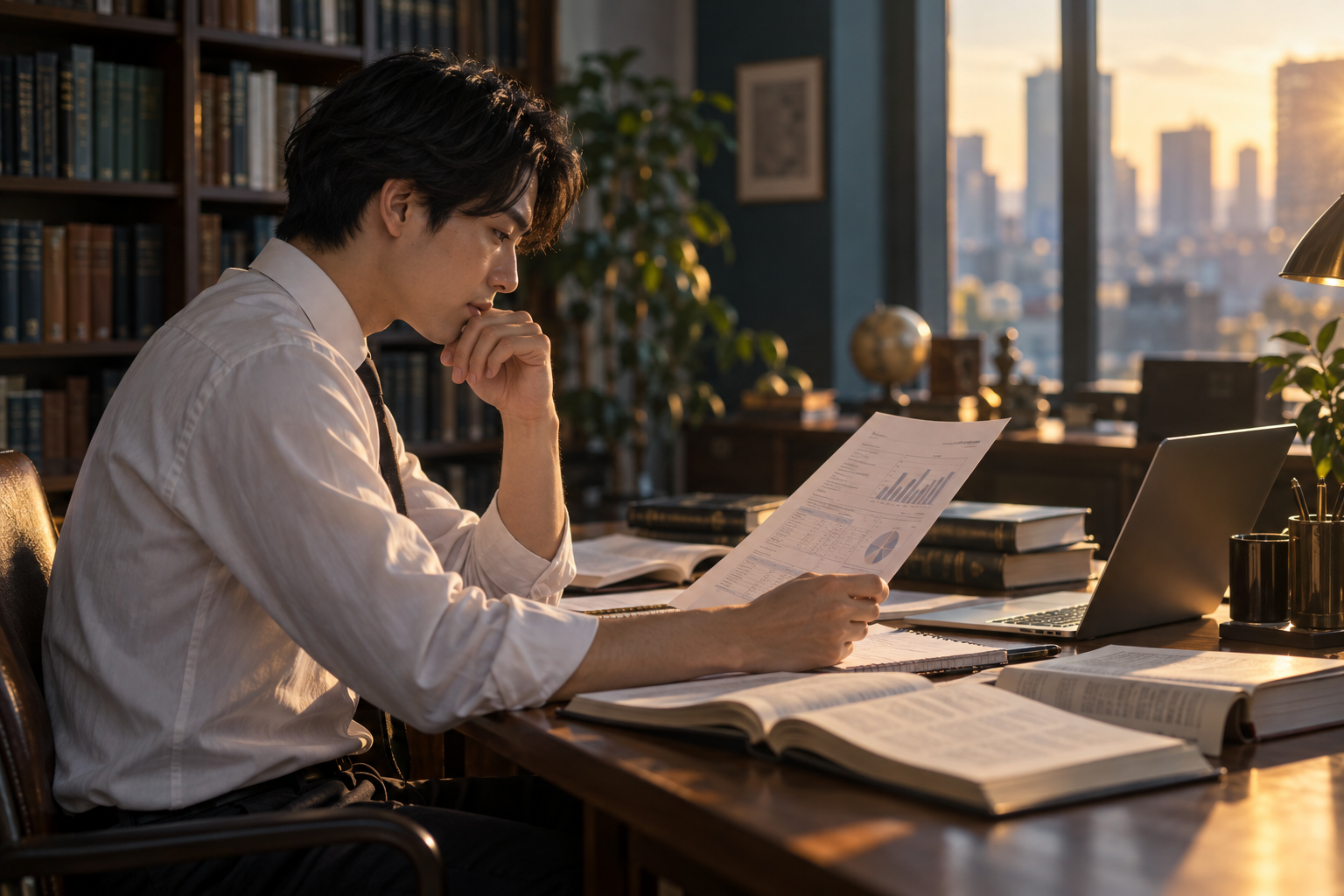 書棚のある仕事部屋で、会計資料と専門書を照らし合わせる担当者のイメージ