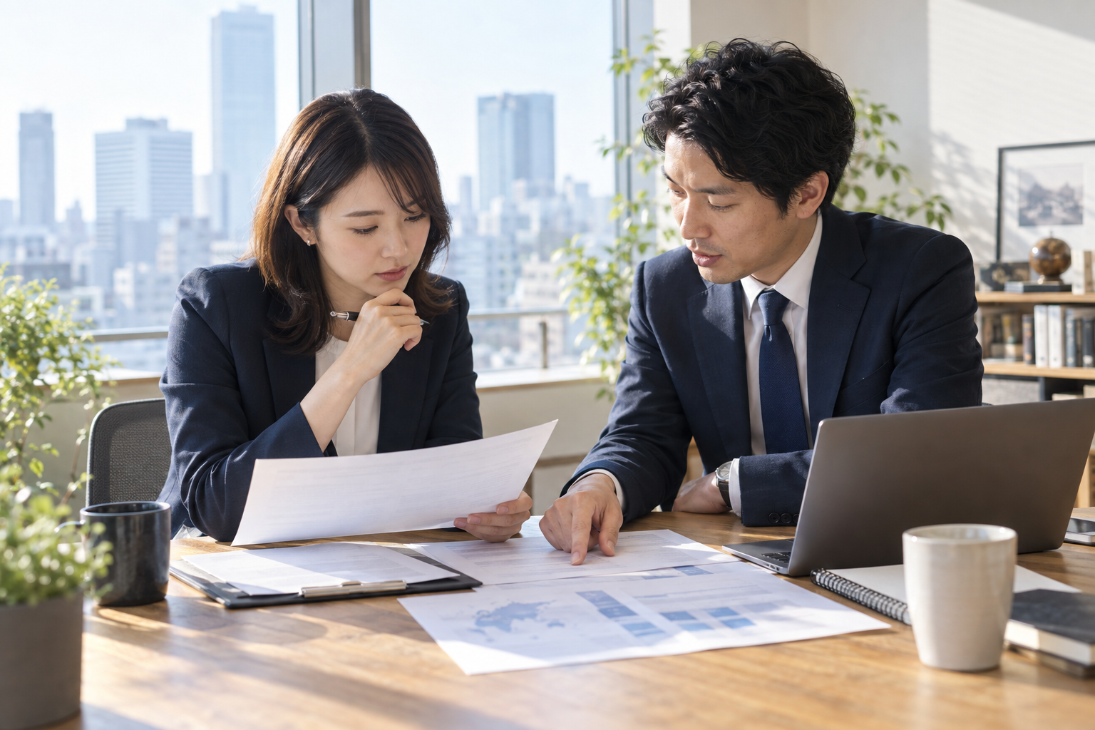 都市を望むオフィスで、経理担当者2人が海外取引の資料を確認するイメージ