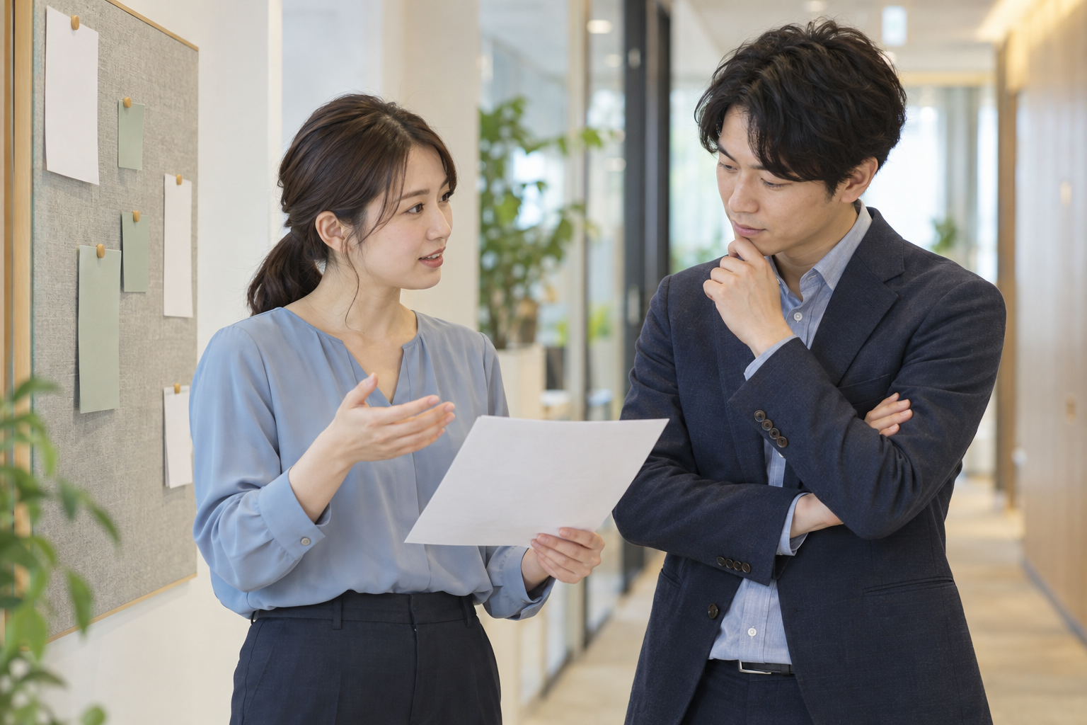 明るいオフィスの掲示板のそばで、資料について相談する二人の同僚のイメージ