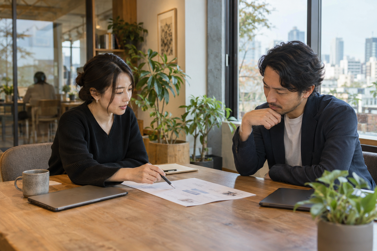 会計サービスの提供範囲と進行を小規模な打ち合わせで確認するイメージ